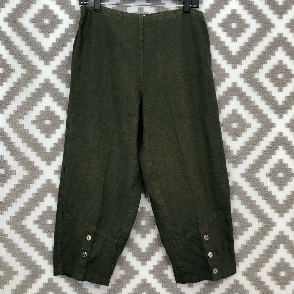 Click Color Me Cotton Olive Green Linen Lagenlook Wide Leg Pants